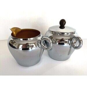 Vintage MCM Chrome Metal Creamer and Sugar Bowl GE General Electric Gold Inside